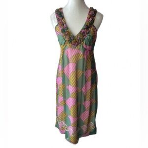 100% Silk Parameter Bird Tree Leaves Dress Small 4 Fall Pink Green Floral Boho
